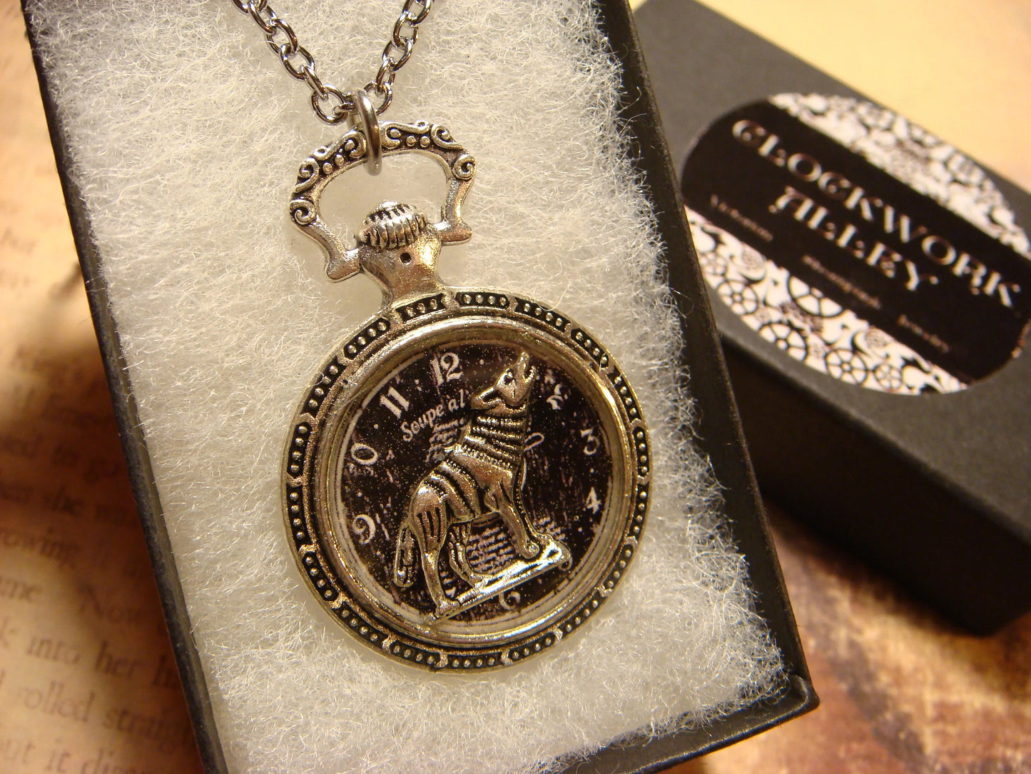 Wolf over Clock Pocket Watch Pendant Necklace