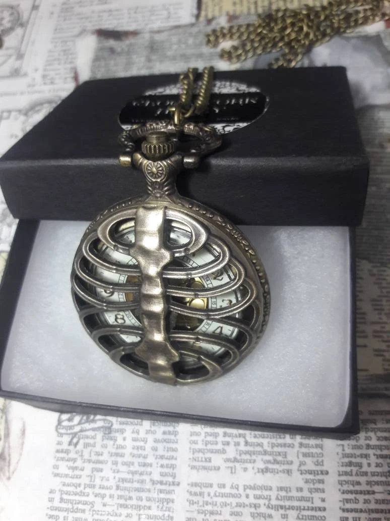 Working Ribcage Pocket Watch Necklace in Antique Bronze