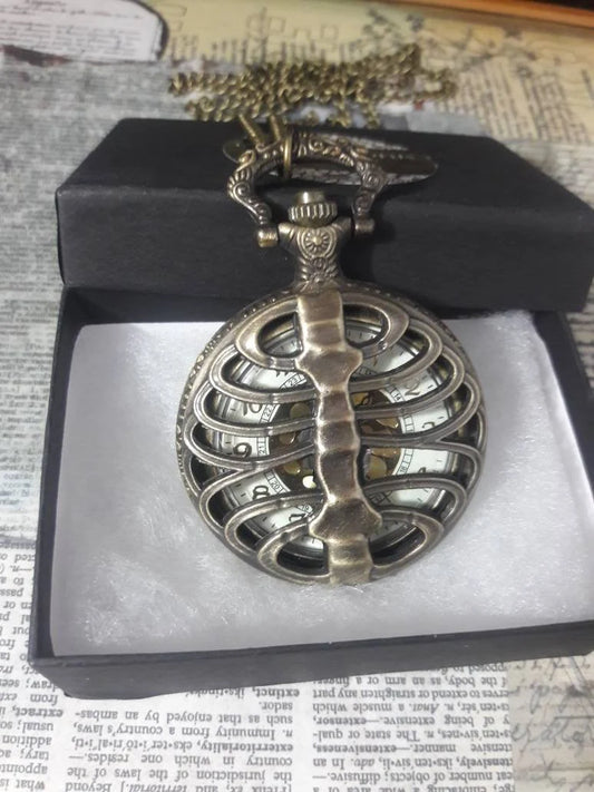 Working Ribcage Pocket Watch Necklace in Antique Bronze