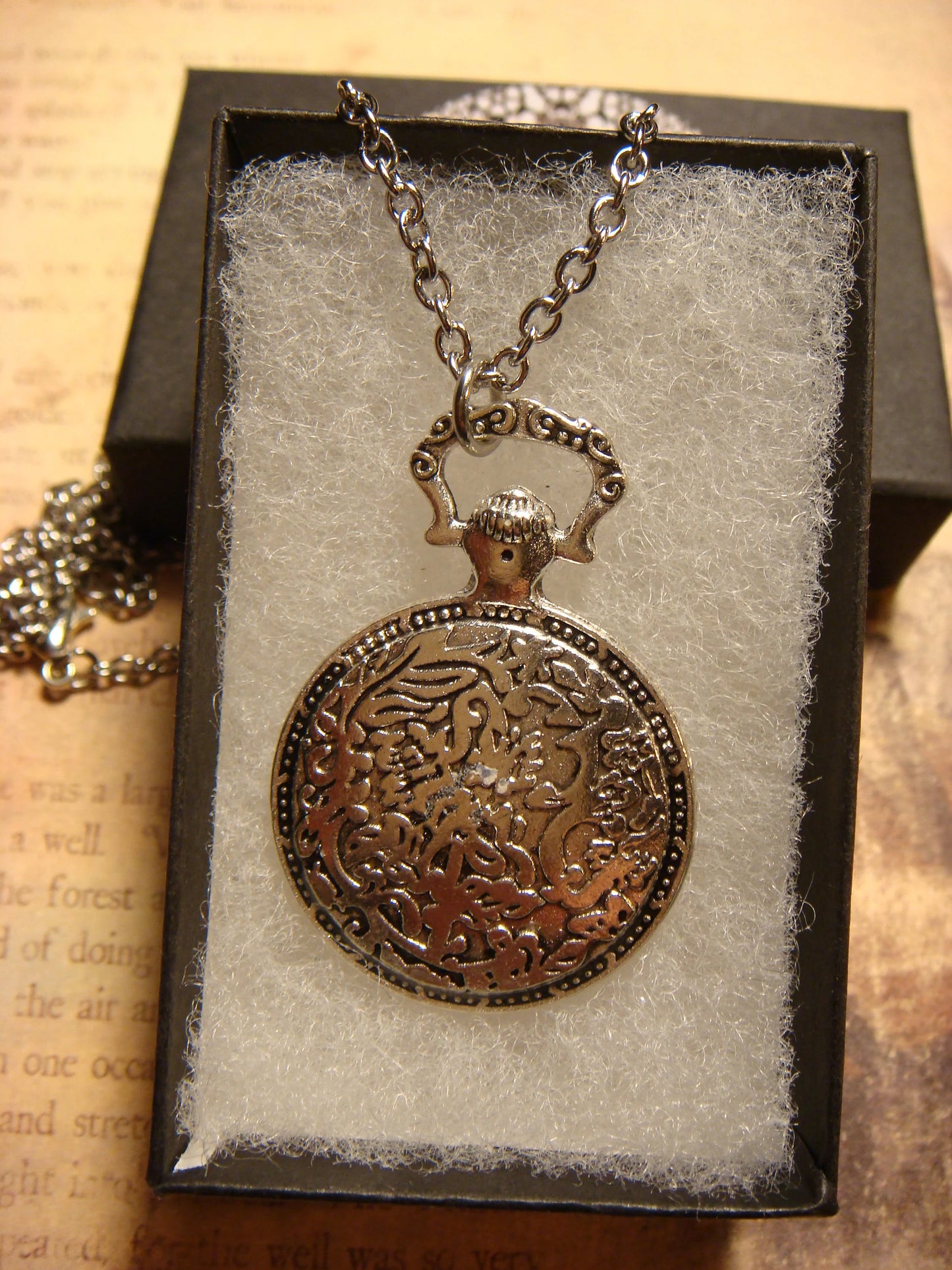Fox over Floral Clock Pocket Watch Pendant Necklace