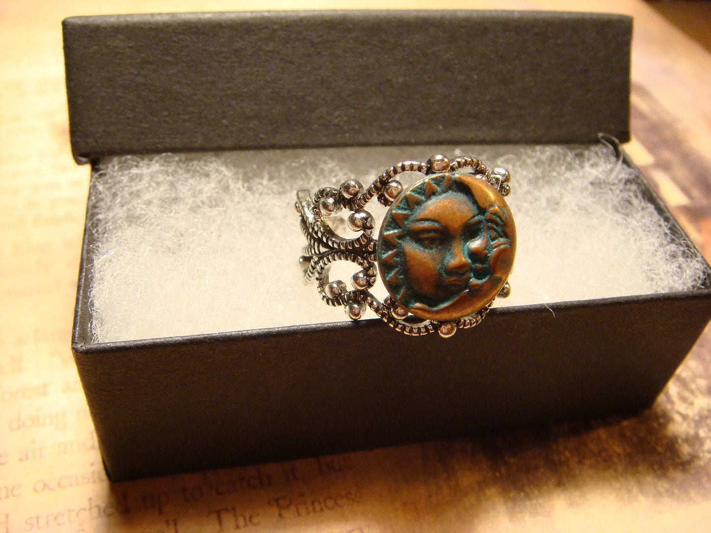 Patina Sun and Moon Filigree Ring in Antique Silver - Adjustable