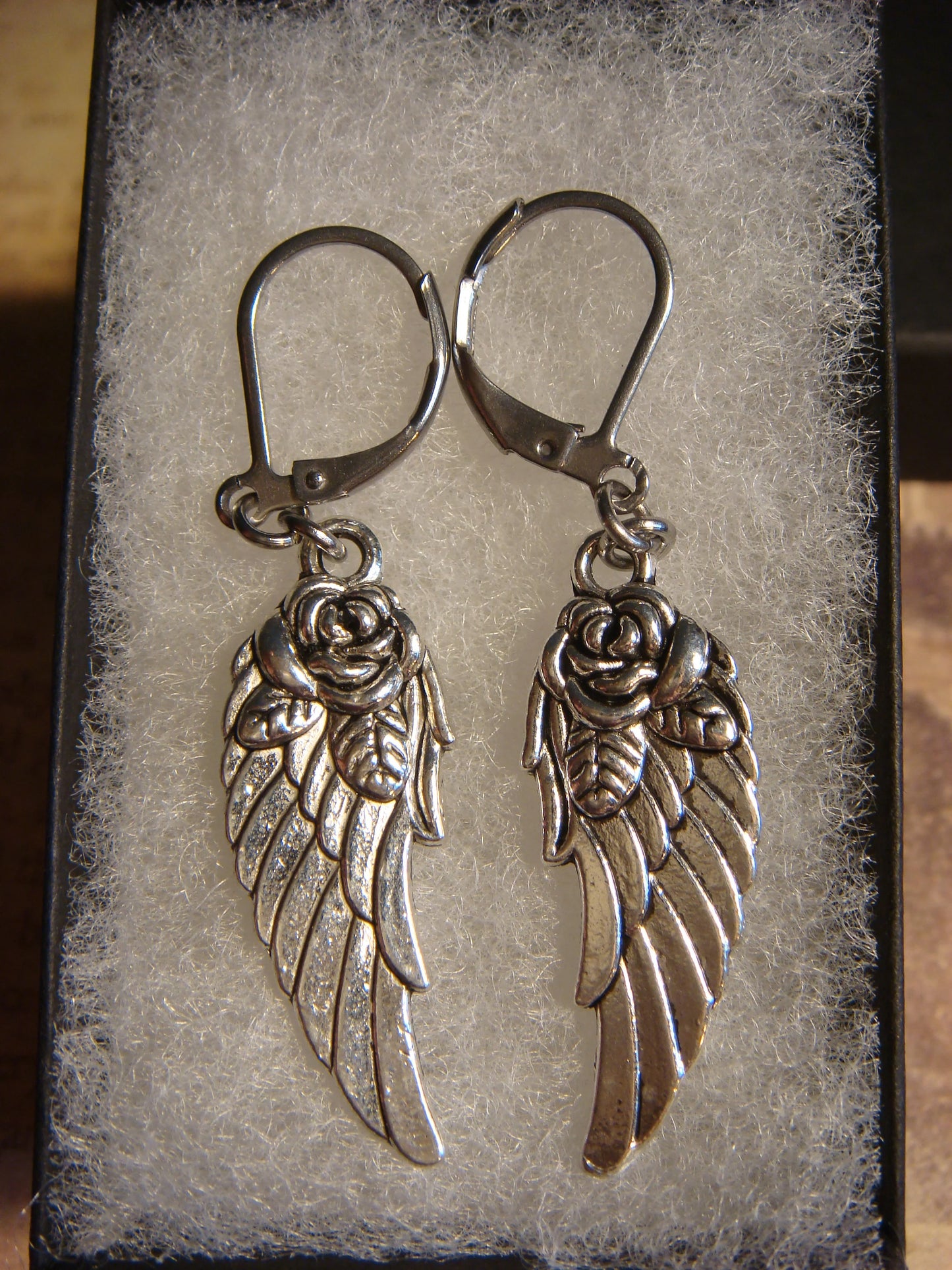 Wings Rose Dangle Earrings in Antique Silver