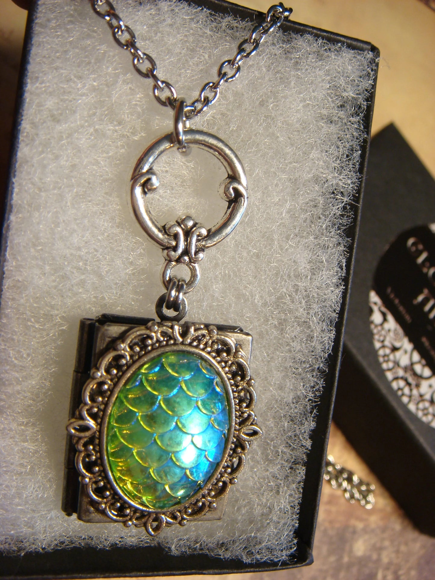 Iridescent Blue Green Scales Ornate Book Locket Necklace