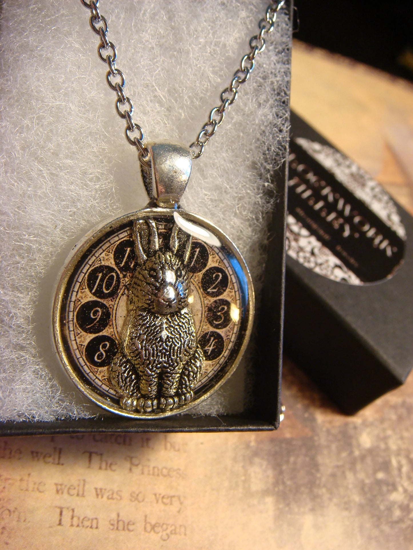 Bunny Rabbit over Clock Pendant Necklace
