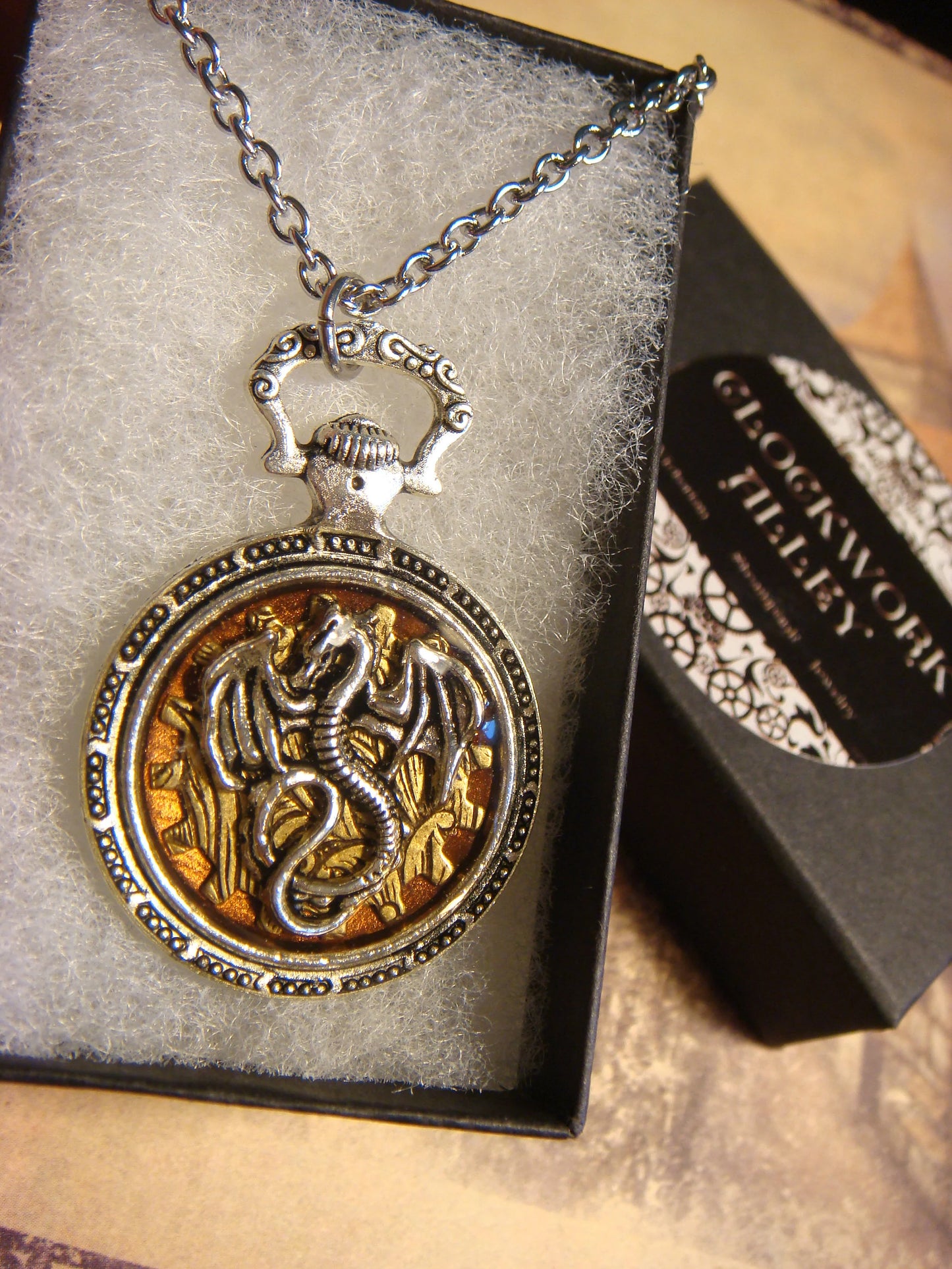 Dragon over Etched Gear Pocket Watch Pendant Necklace
