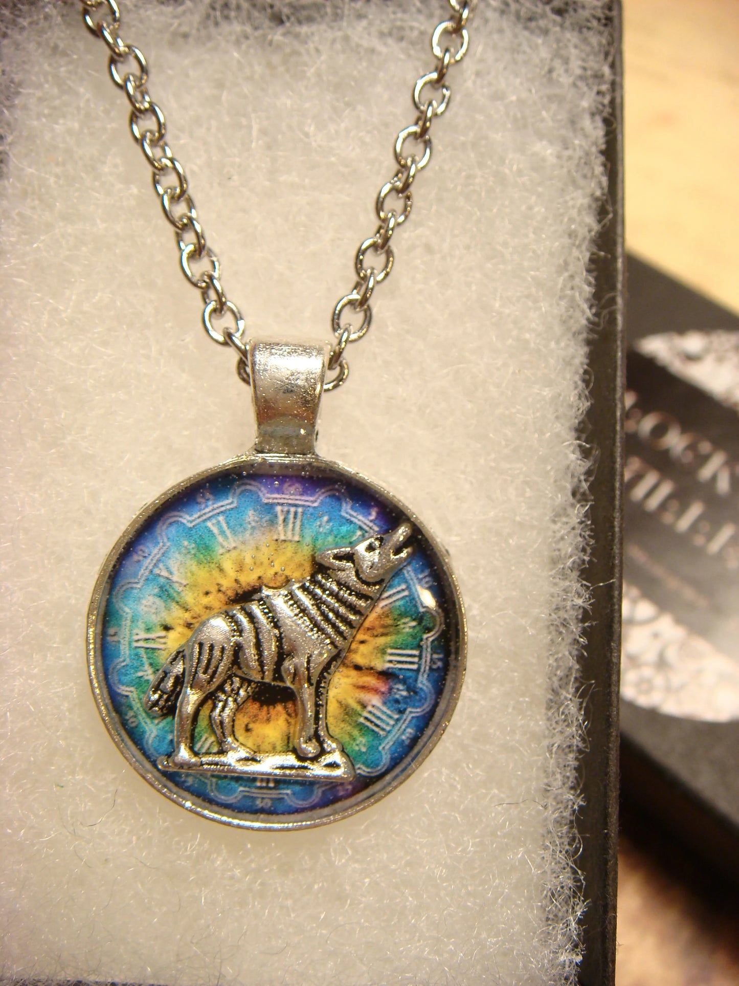 Wolf over Colorful Clock Small Pendant Necklace