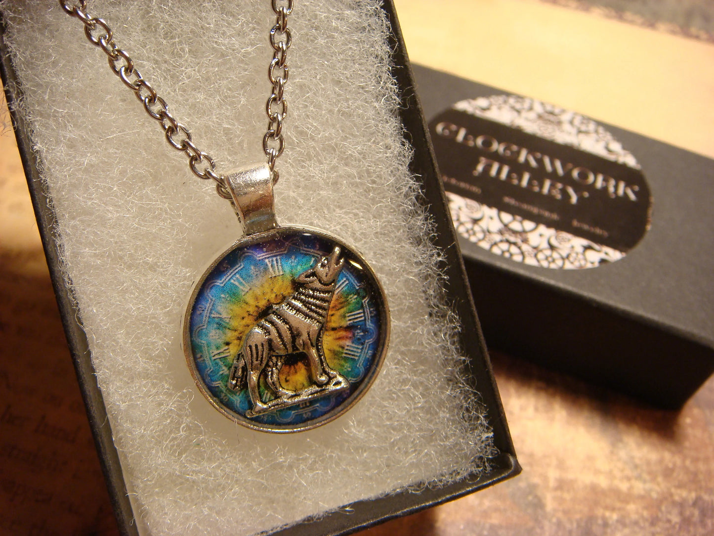 Wolf over Colorful Clock Small Pendant Necklace