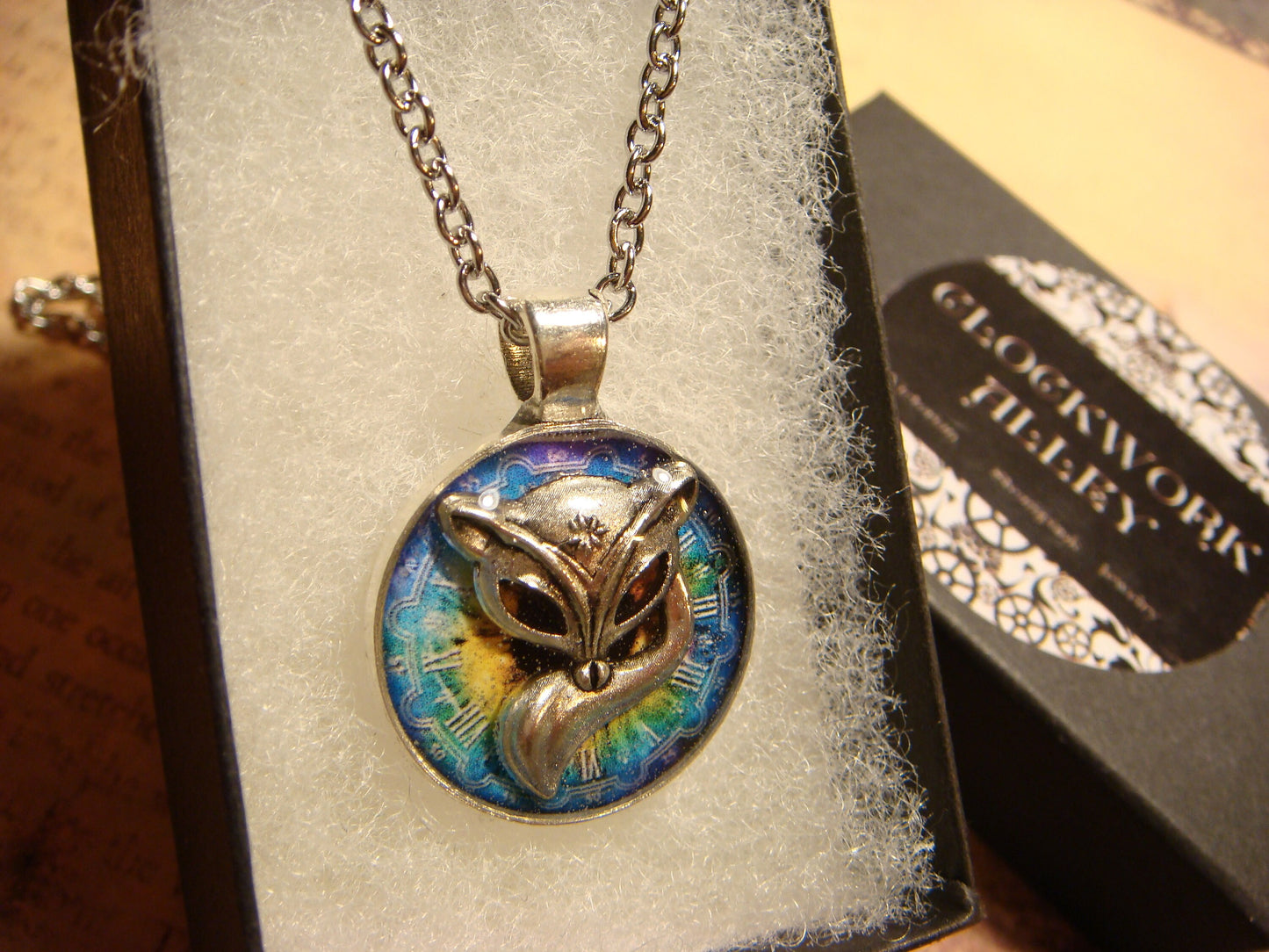 Fox over Colorful Clock Small Pendant Necklace
