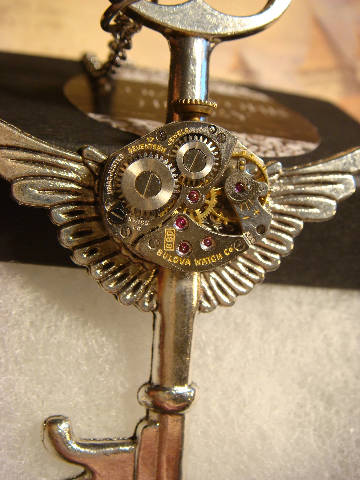 Steampunk Key Wings Watch Movement Necklace with Exposed Gears