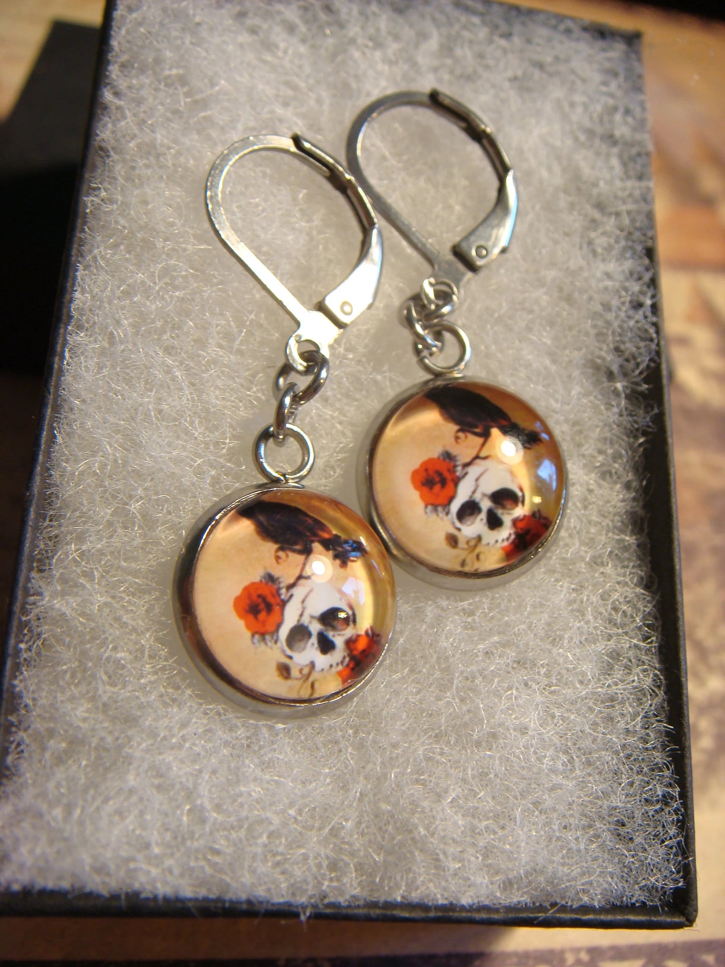 Skull with Crow Image Stainless Steel Dangle Earrings