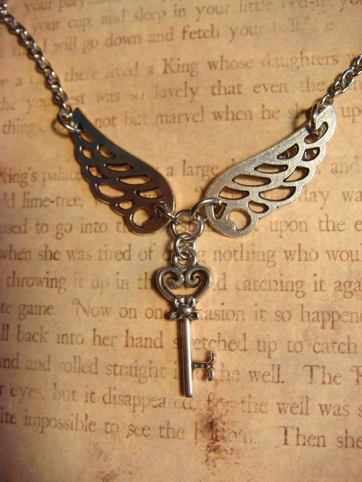 Skeleton Key with Wings Necklace in Antique Silver