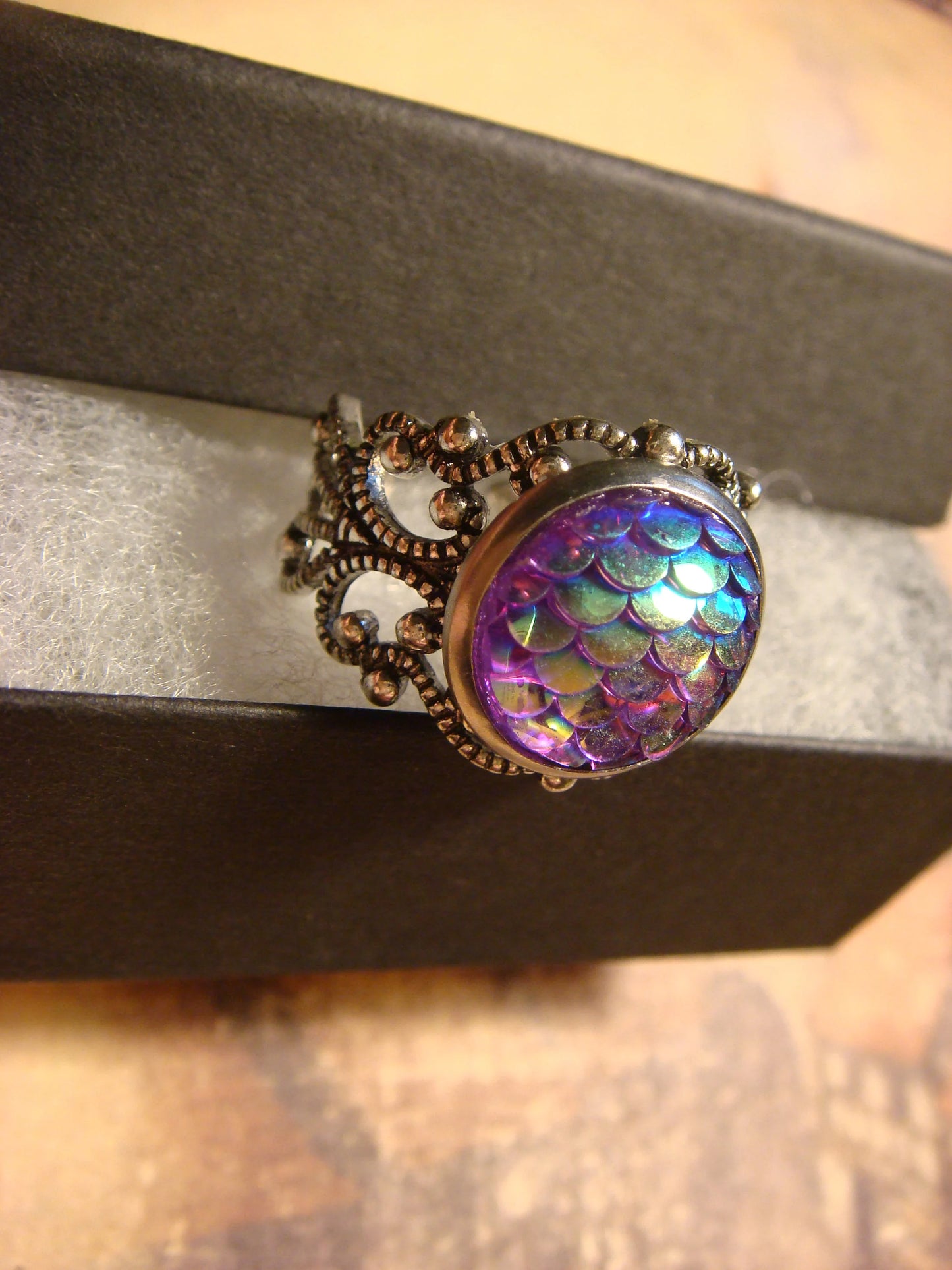 Iridescent Purple Scales Filigree Ring in Antique Silver - Adjustable