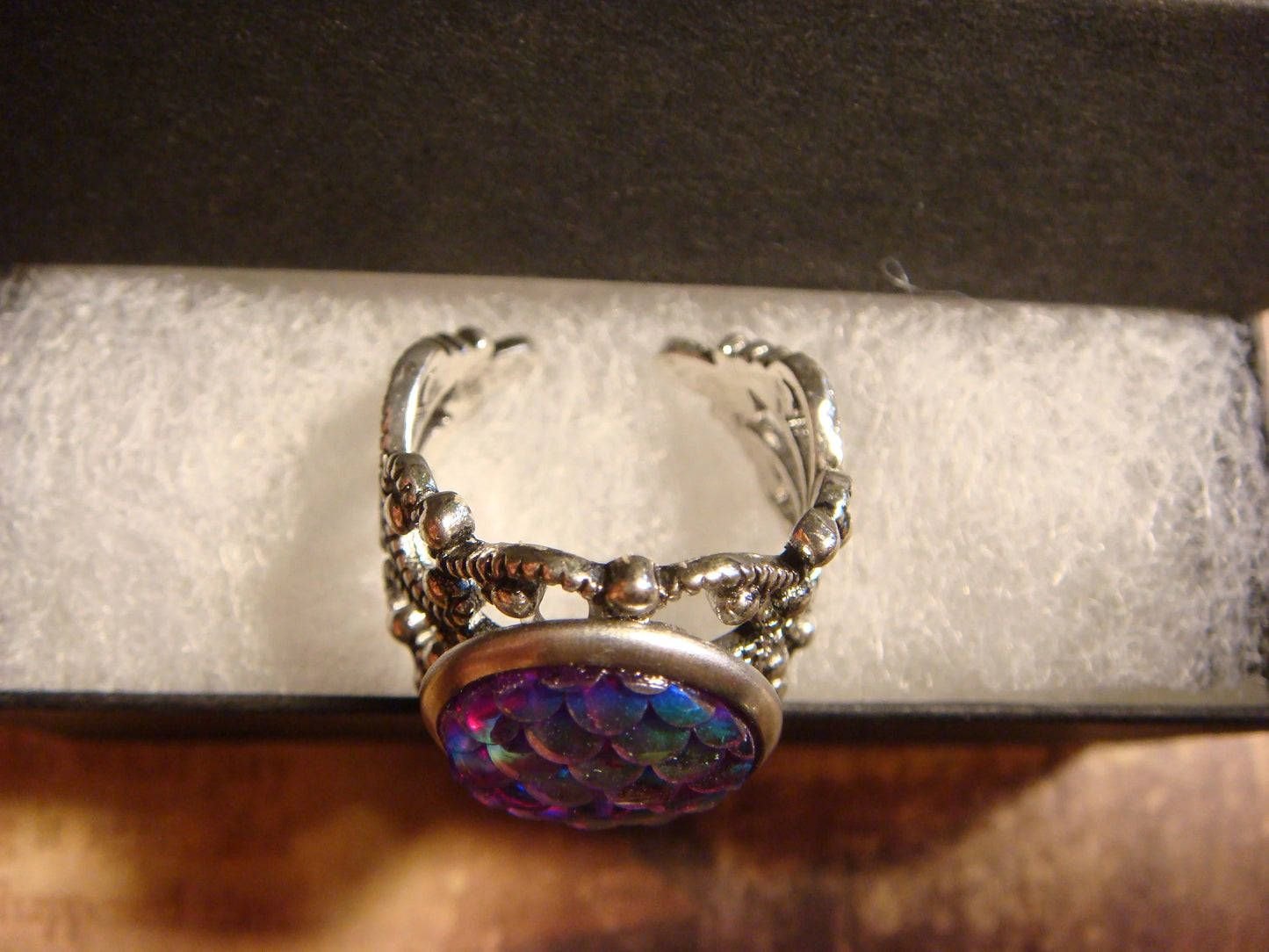 Iridescent Purple Scales Filigree Ring in Antique Silver - Adjustable