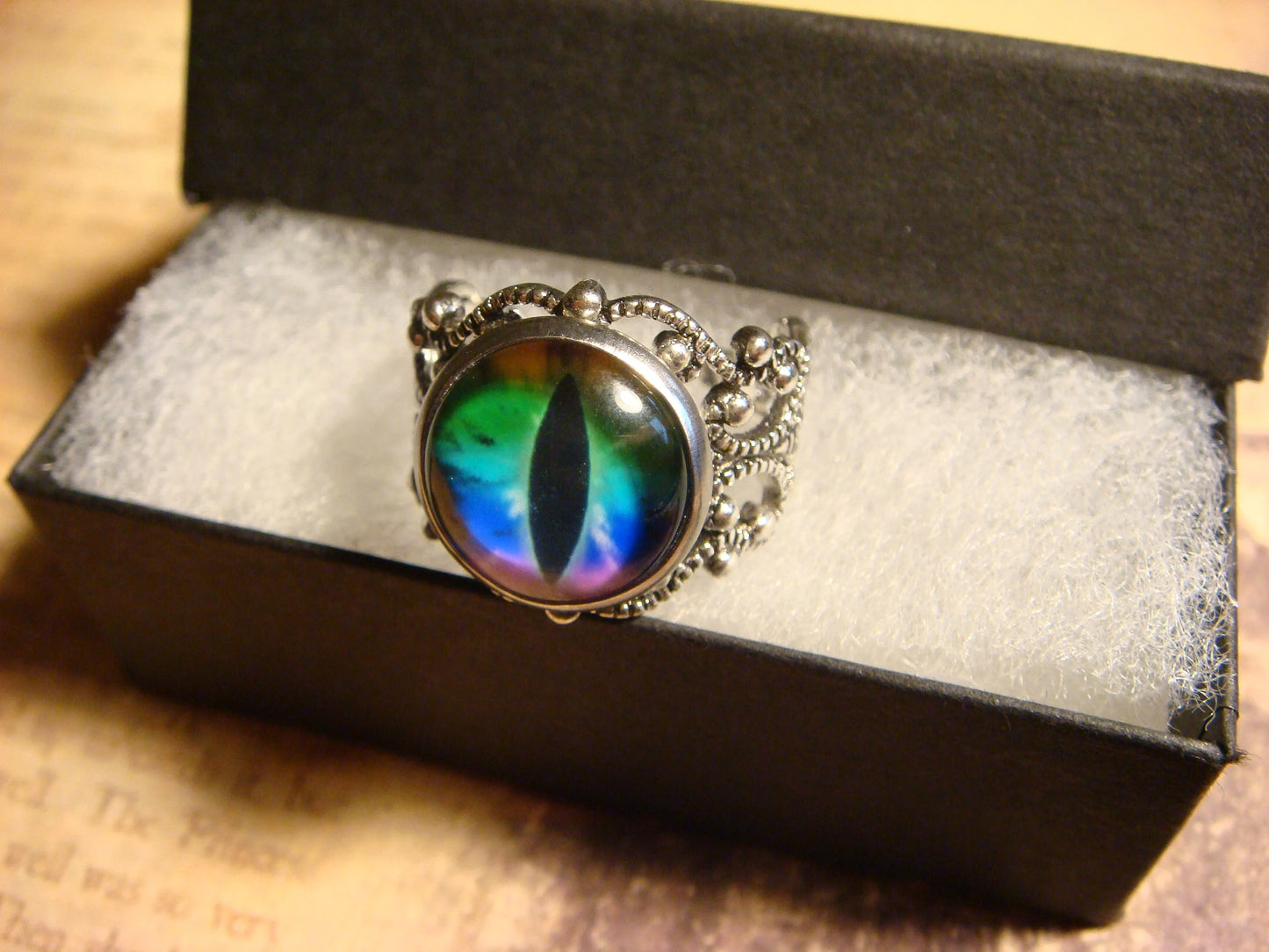 Colorful Eye Image Filigree Ring in Antique Silver - Adjustable