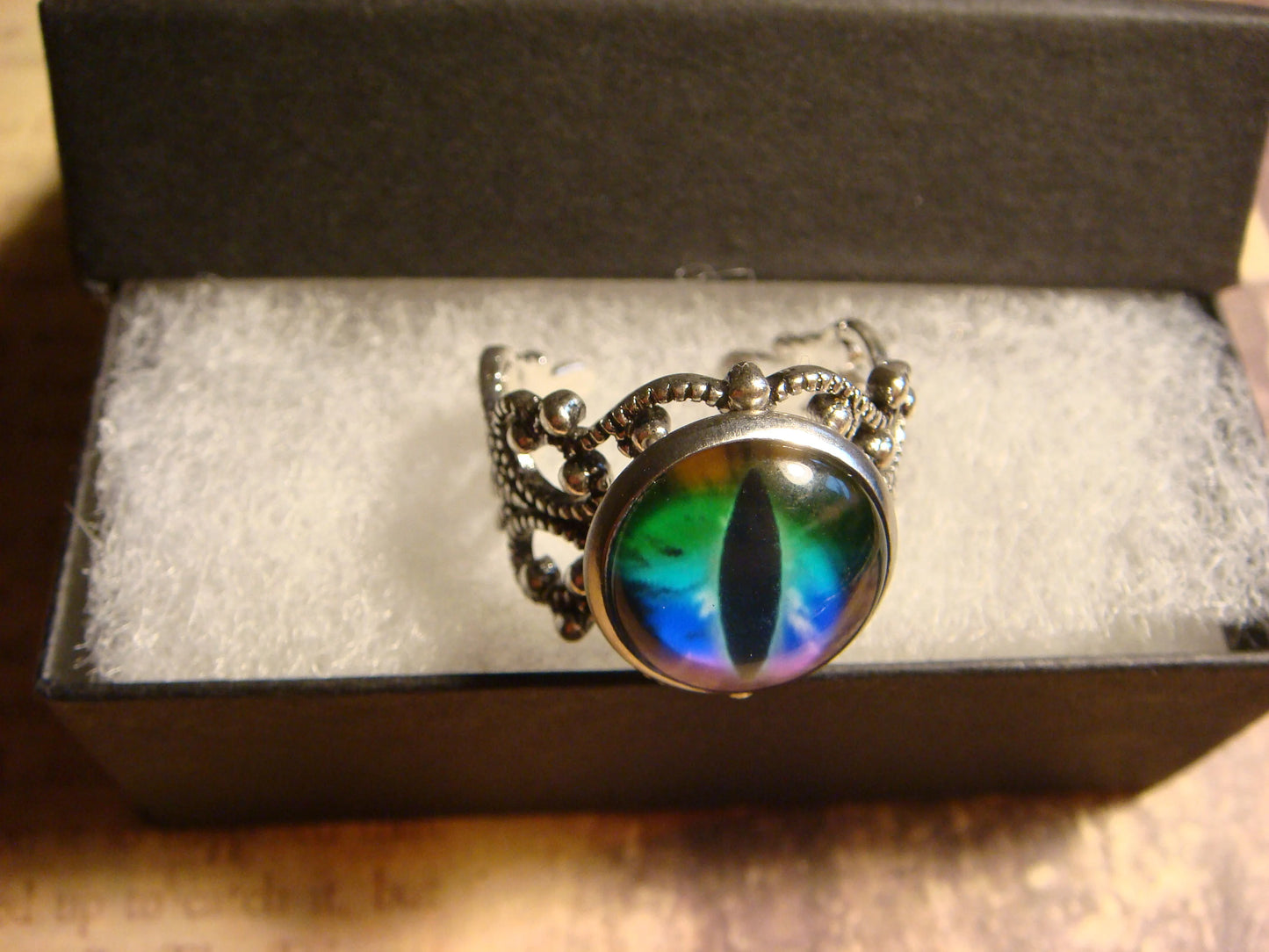 Colorful Eye Image Filigree Ring in Antique Silver - Adjustable
