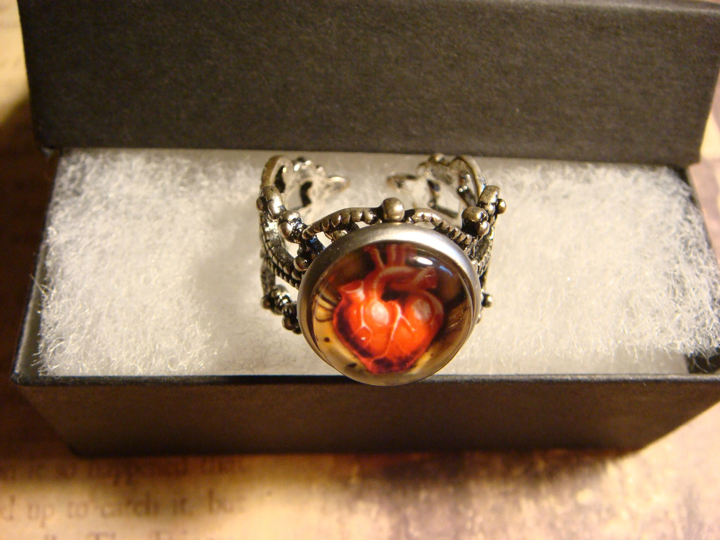 Anatomical Heart Image Filigree Ring in Antique Silver - Adjustable