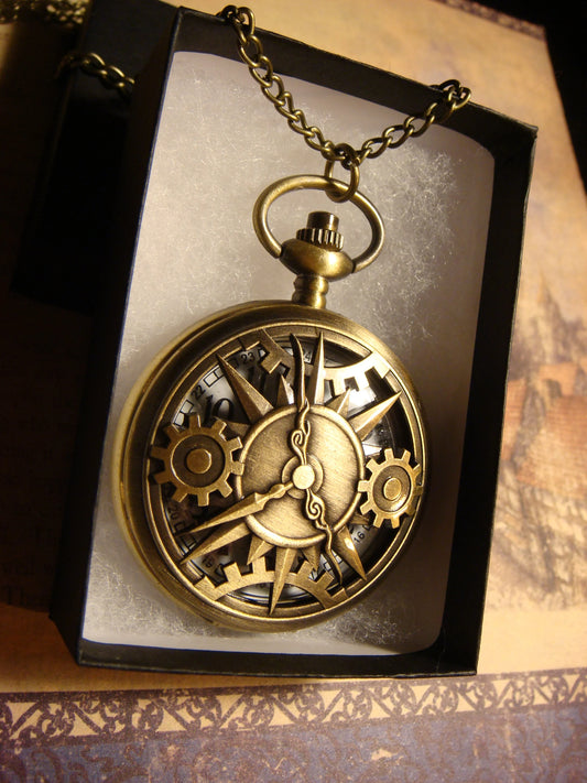 Working Steampunk Clock Pocket Watch Necklace in Antique Bronze
