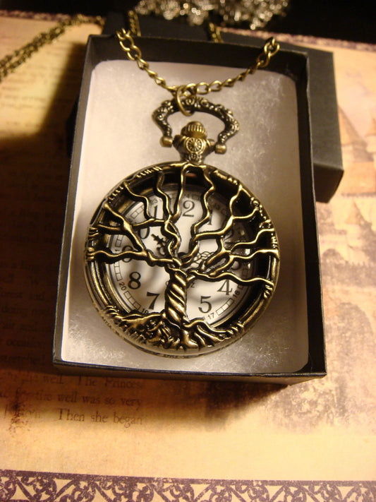 Working Tree Pocket Watch Necklace in Antique Bronze