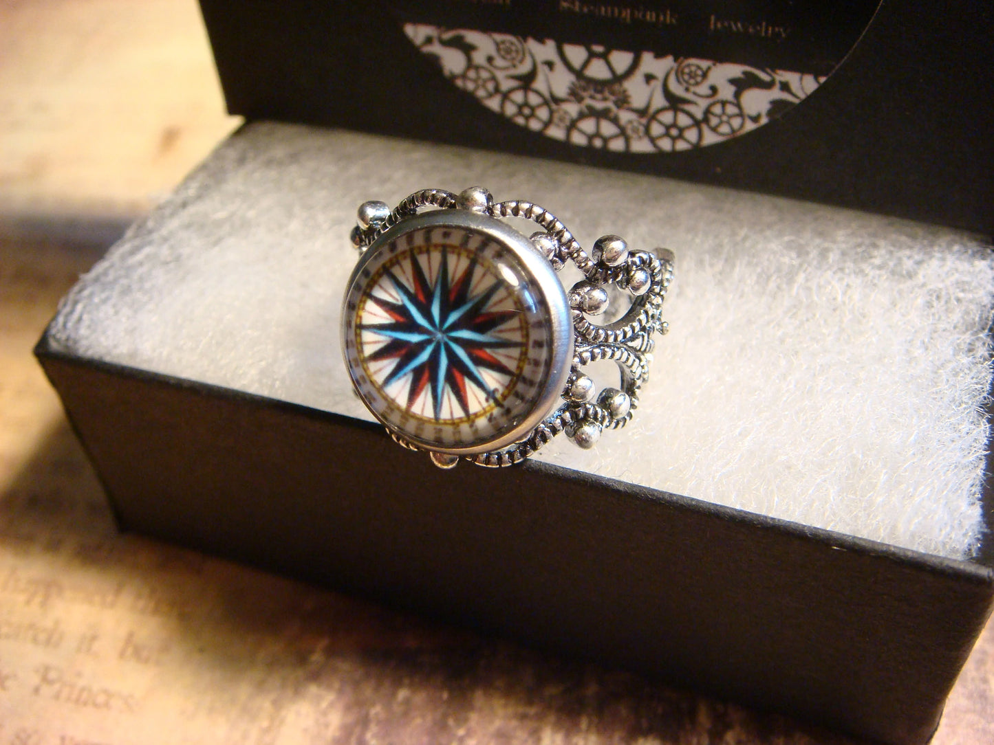 Compass Star Image Filigree Ring in Antique Silver - Adjustable