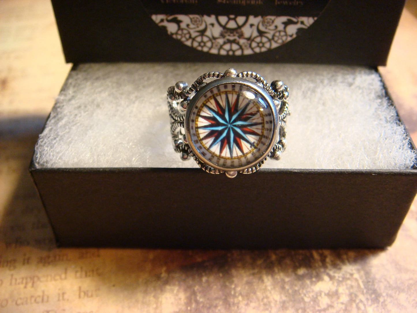 Compass Star Image Filigree Ring in Antique Silver - Adjustable