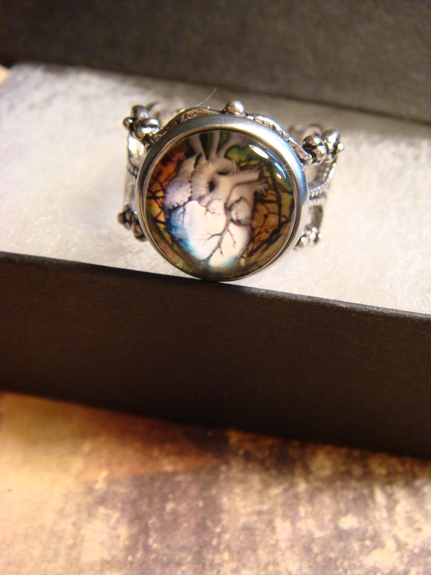 Anatomical Heart Image Filigree Ring in Antique Silver - Adjustable