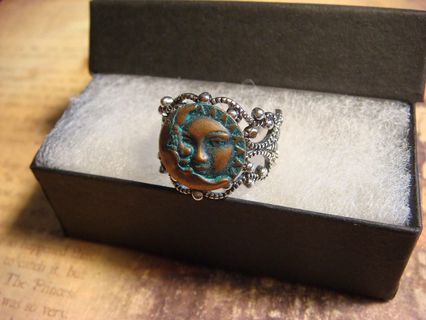 Patina Sun and Moon Filigree Ring in Antique Silver - Adjustable