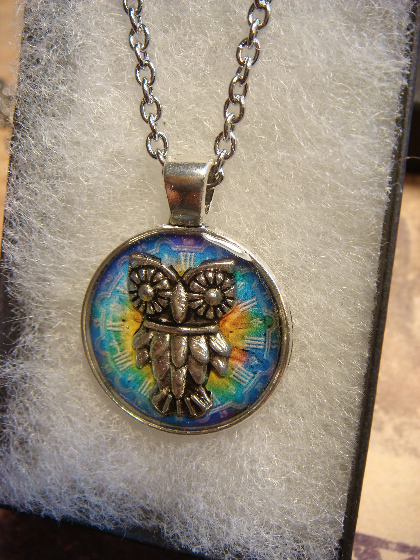 Owl over Colorful Clock Small Pendant Necklace
