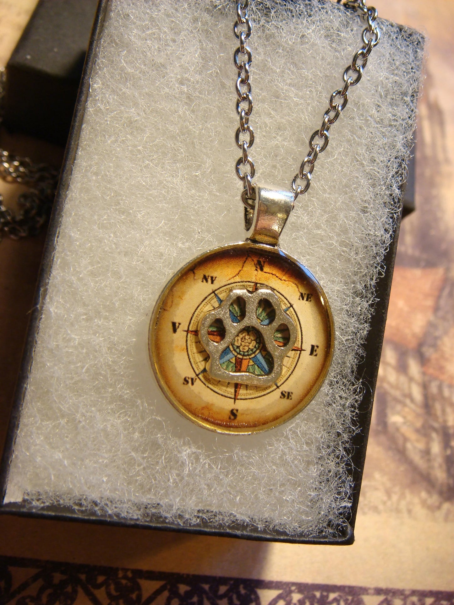 Paw over Compass Rose Small Pendant Necklace