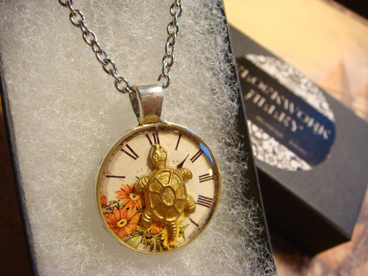 Turtle over Floral Clock Small Pendant Necklace