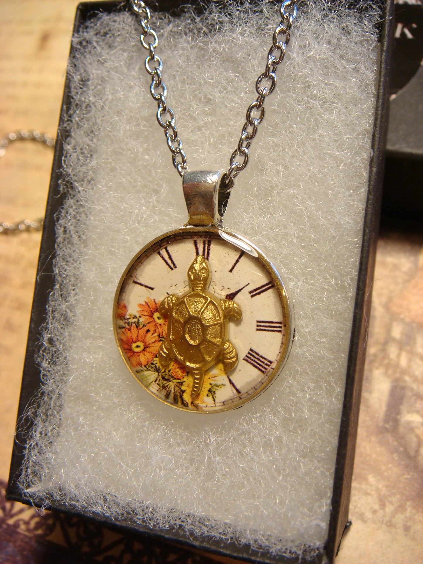 Turtle over Floral Clock Small Pendant Necklace
