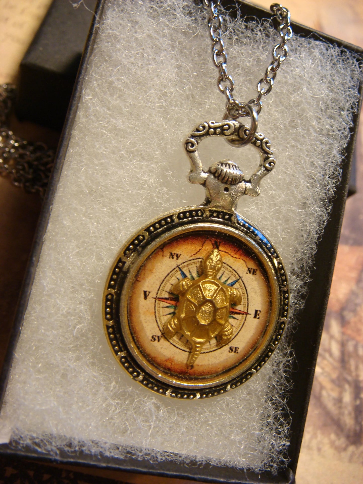 Turtle over Compass Pocket Watch Pendant Necklace