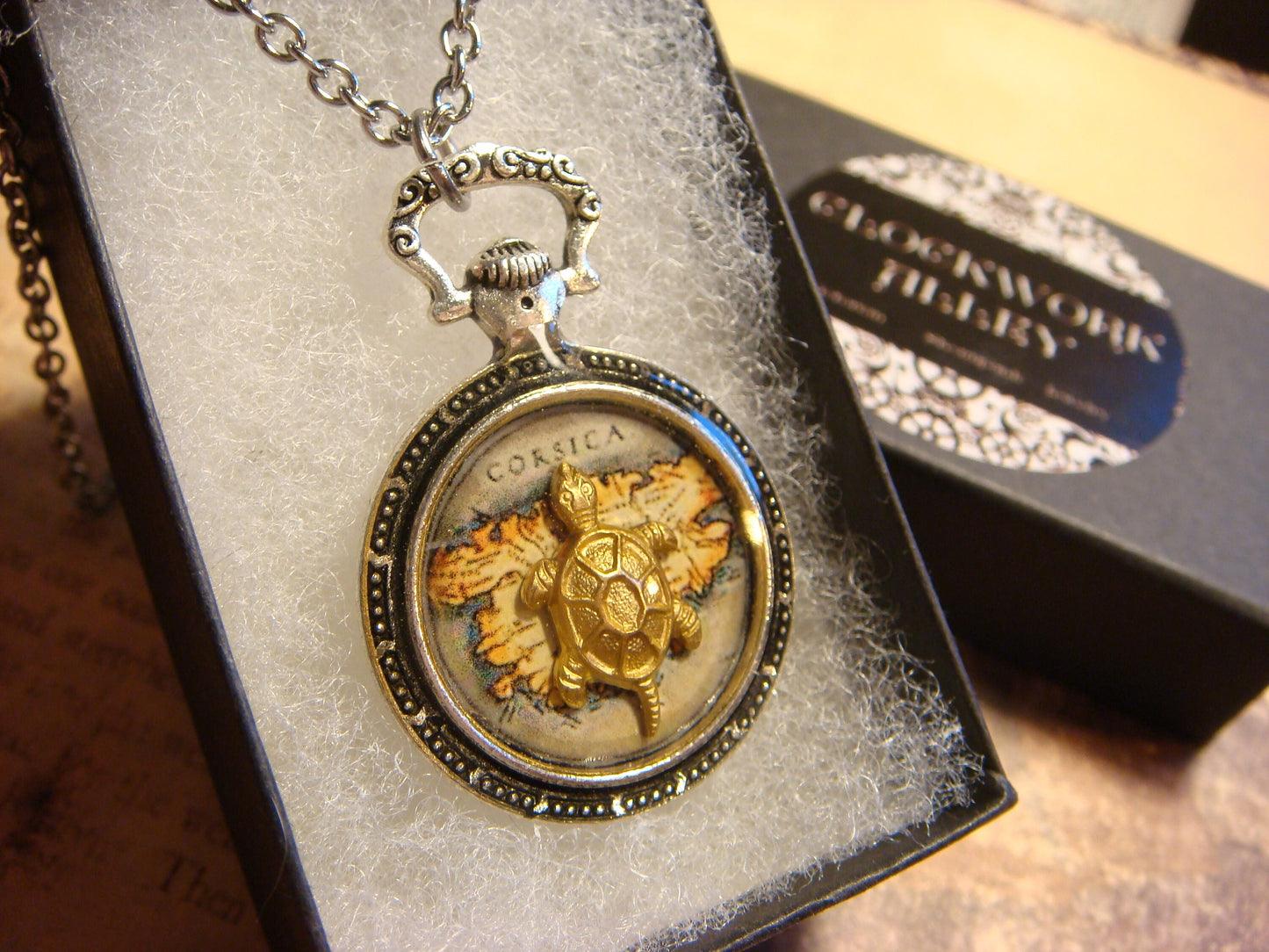 Turtle over Map Pocket Watch Pendant Necklace