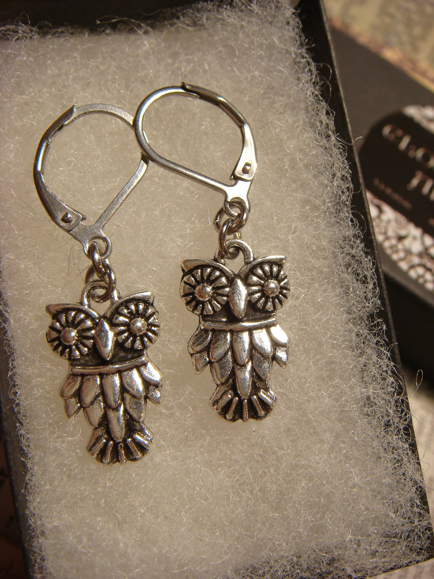 Owl Dangle Earrings in Antique Silver
