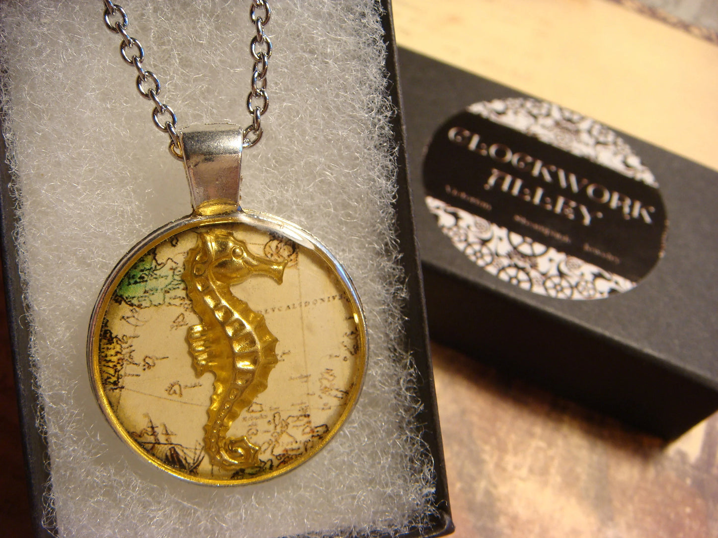 Seahorse over Map Pendant Necklace