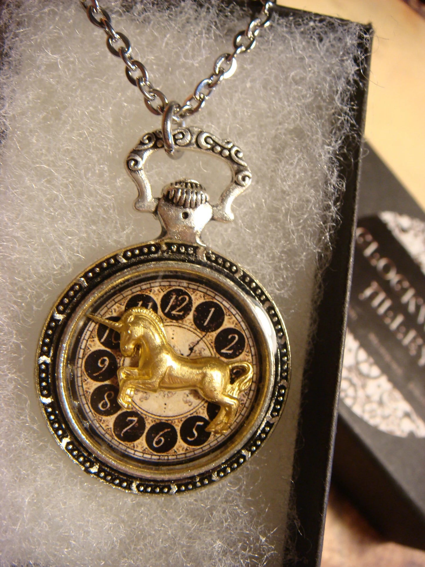 Unicorn over Clock Pocket Watch Pendant Necklace