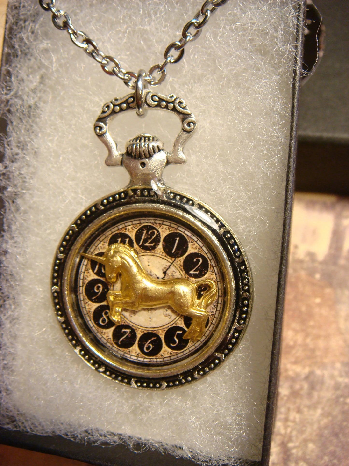 Unicorn over Clock Pocket Watch Pendant Necklace