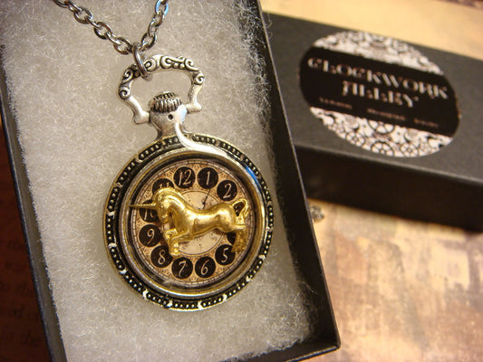 Unicorn over Clock Pocket Watch Pendant Necklace