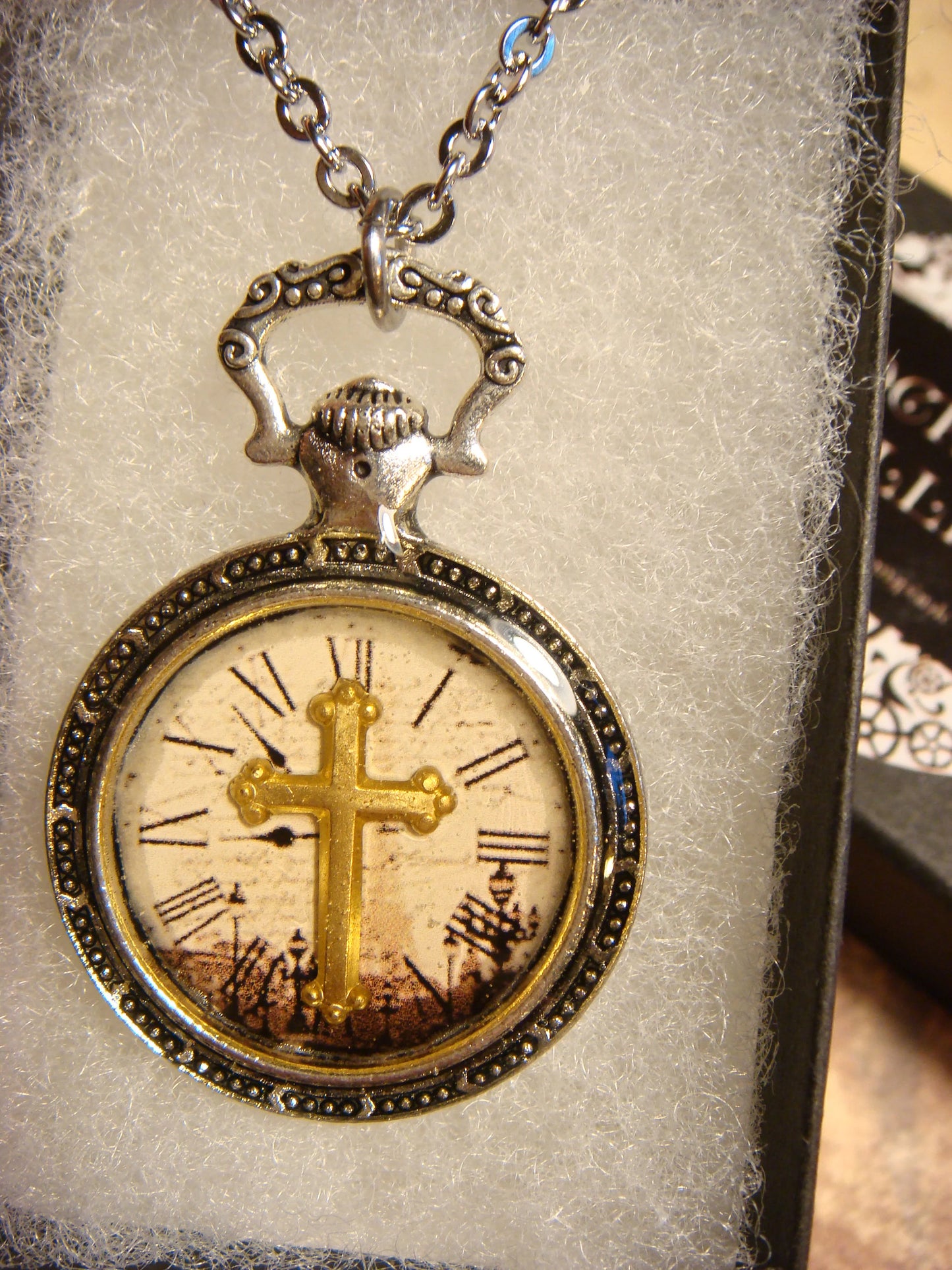 Cross over Victorian Clock Pocket Watch Pendant Necklace
