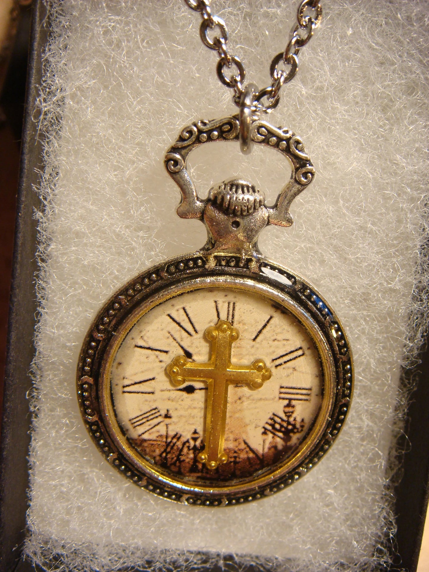 Cross over Victorian Clock Pocket Watch Pendant Necklace