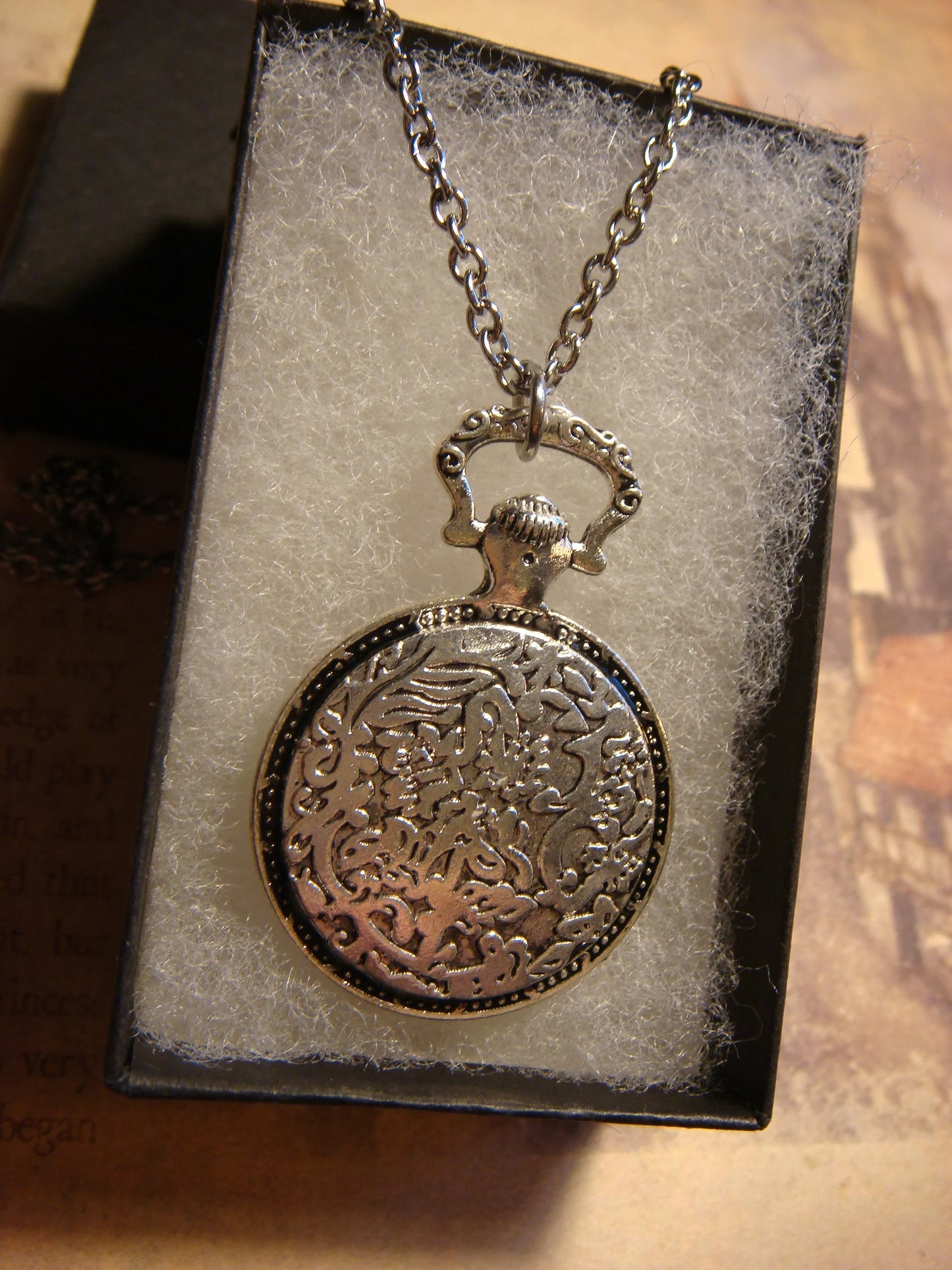 Hamsa over Floral Clock Pocket Watch Pendant Necklace