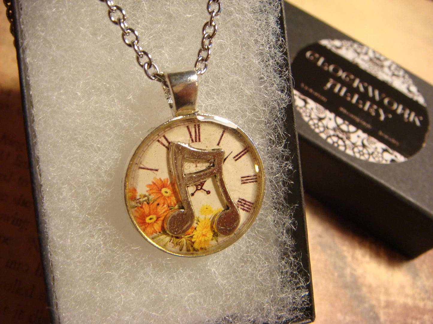 Music Notes over Floral Clock Small Pendant Necklace