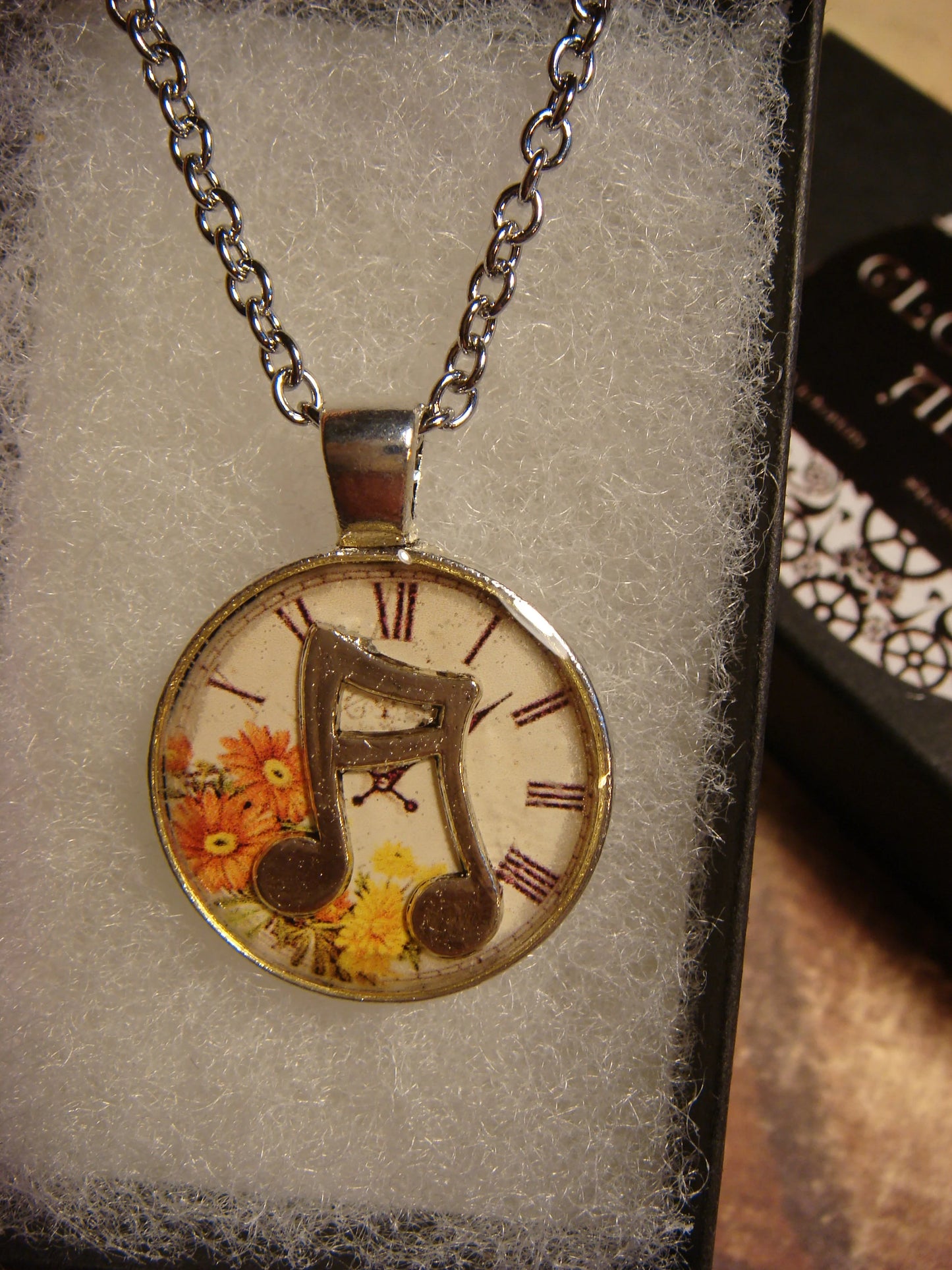 Music Notes over Floral Clock Small Pendant Necklace