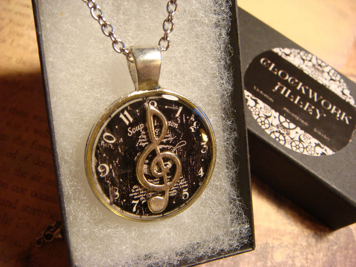 Treble Clef over Clock Pendant Necklace