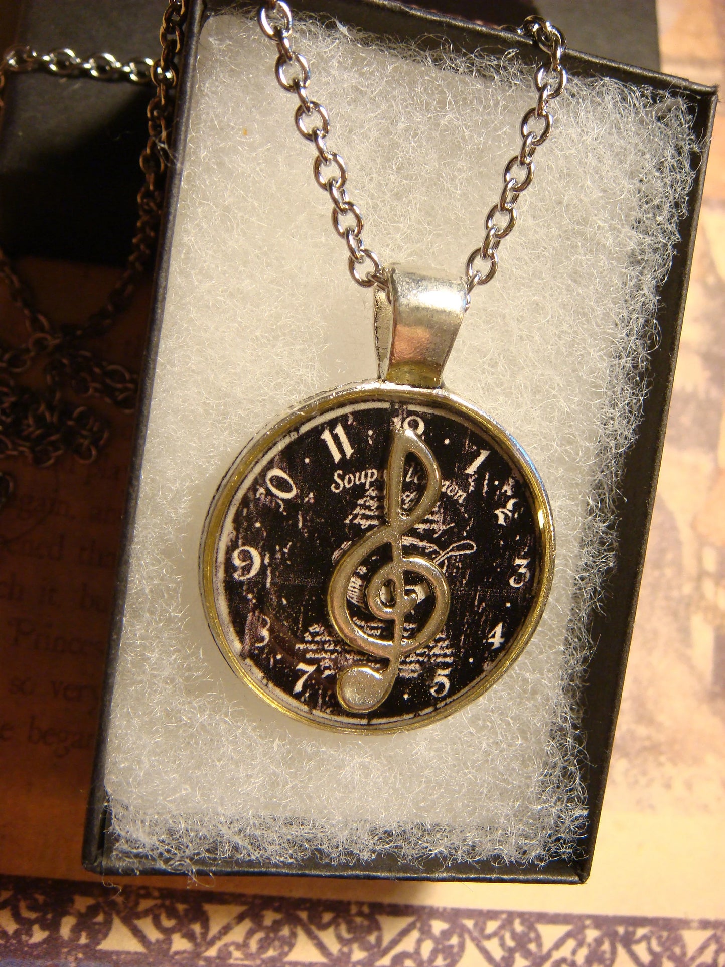 Treble Clef over Clock Pendant Necklace
