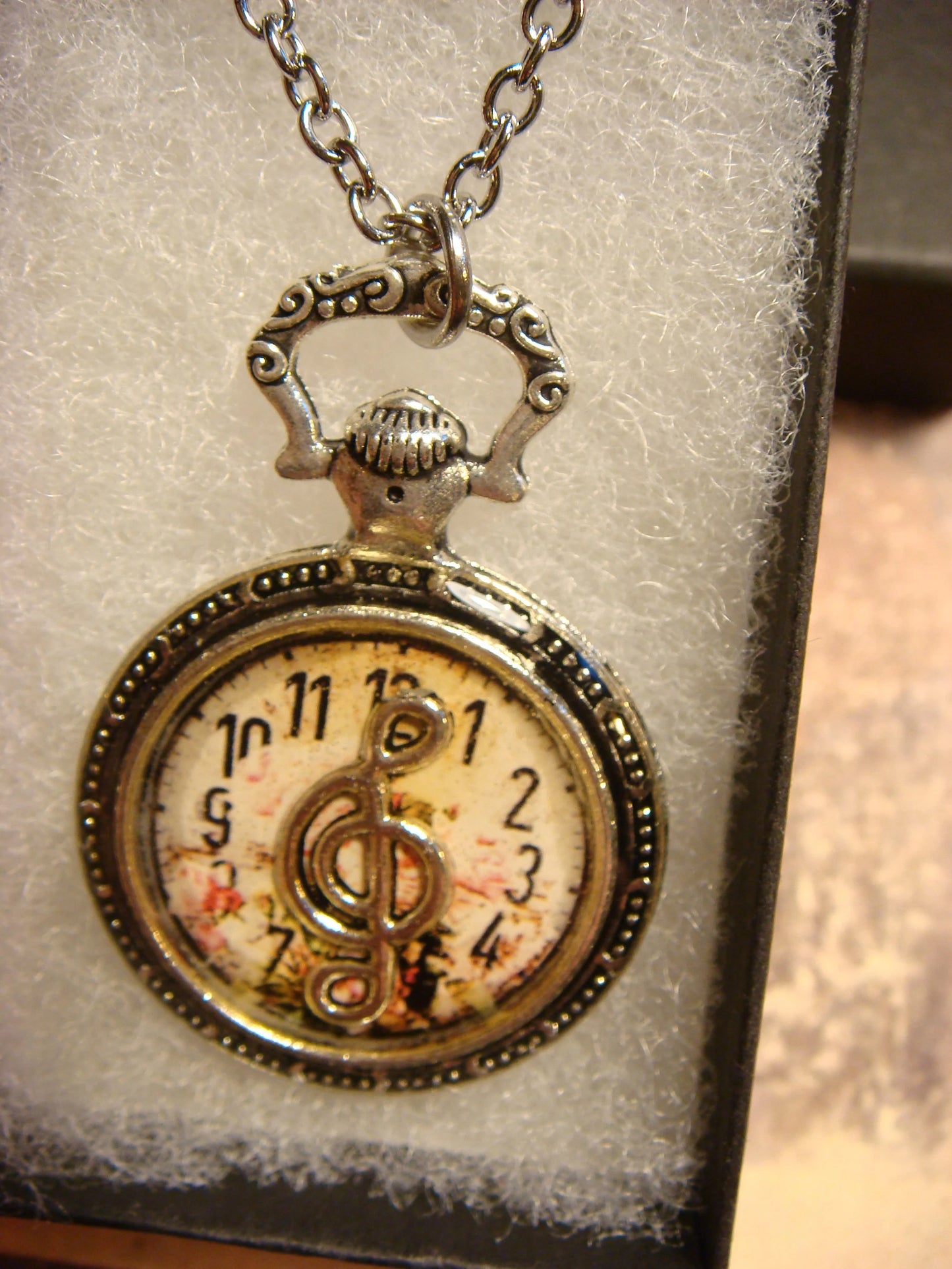 Treble Clef over Floral Clock Pocket Watch Pendant Necklace