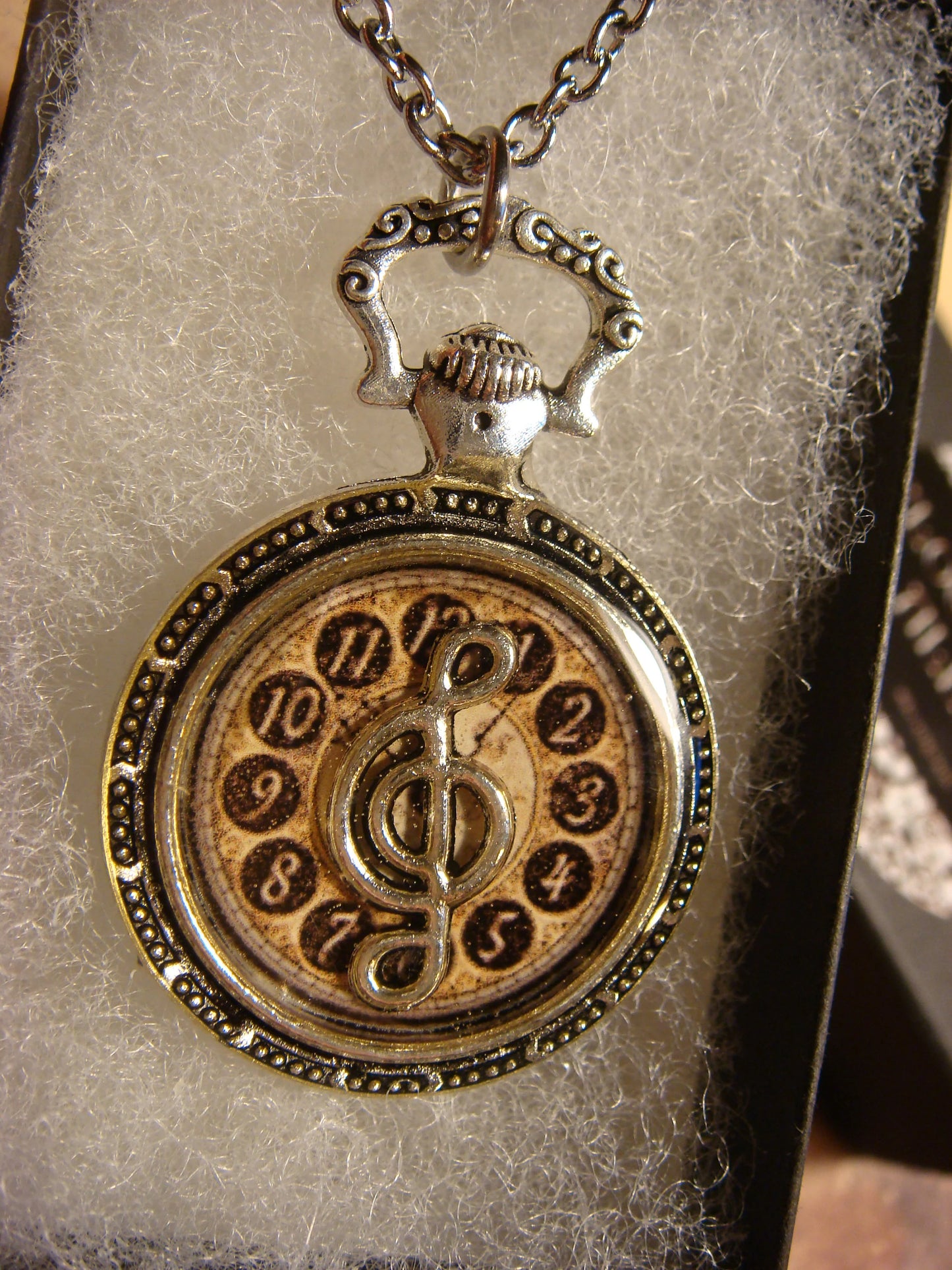 Treble Clef over Clock Pocket Watch Pendant Necklace