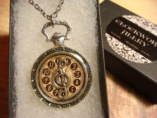 Treble Clef over Clock Pocket Watch Pendant Necklace