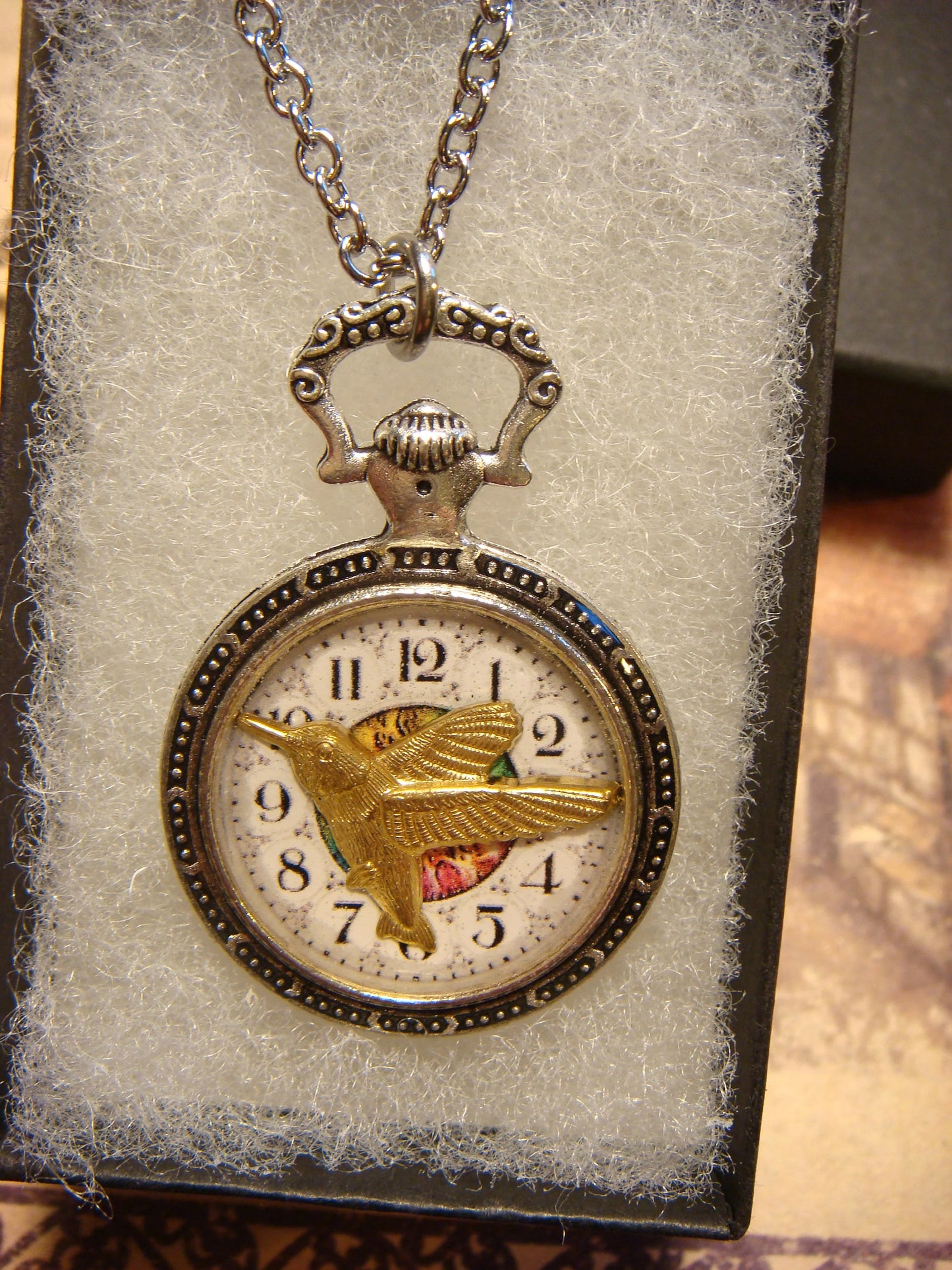 Hummingbird over Clock Pocket Watch Pendant Necklace