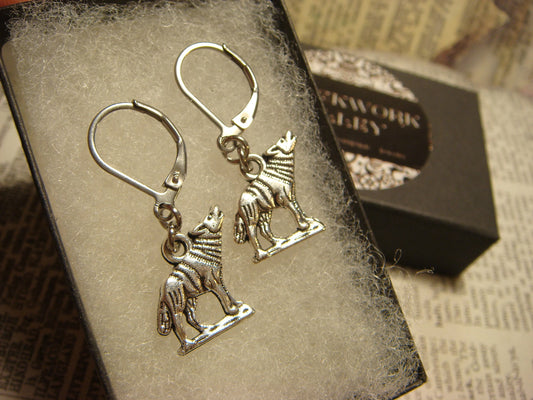 Wolf Dangle Earrings in Antique Silver