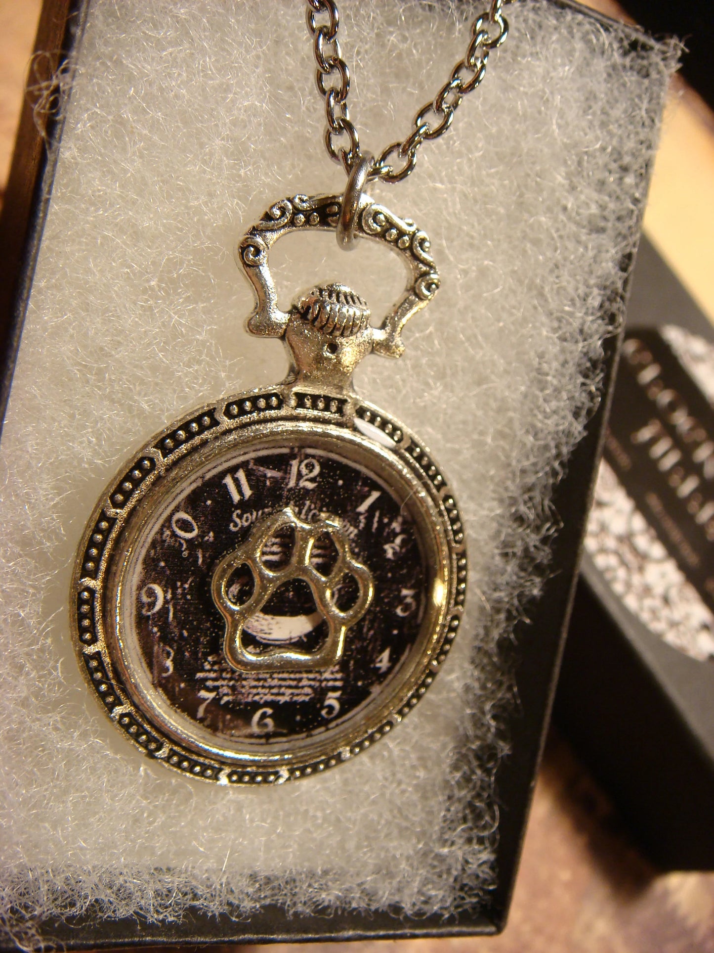 Paw over Clock Pocket Watch Pendant Necklace